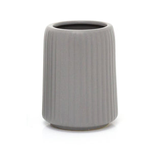 Contemporary Ridged Matt Grey Ceramic Toothbrush Holder | Bathroom Tumbler Caddy
