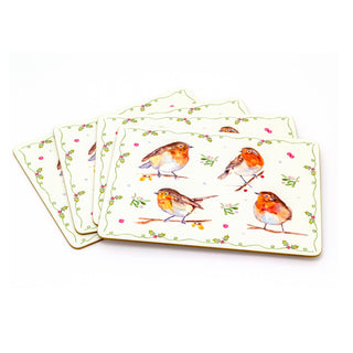 Set Of 4 Winter Robins & Holly Table Placemats | 4 Piece Festive Robins And Mistletoe Cork Dining Table Mats | Christmas Placemat