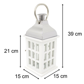 White Wooden Candle Lantern | 39cm Hurricane Lantern Candle Holders for Home Garden Patio - Tealight Candle Holder With Handle