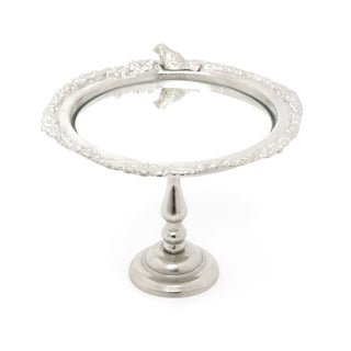Decorative Silver Mirrored Stand With Bird | Pedestal Mirror Display Stand Plate Dish | Ornate Silver Metal Candle Tray