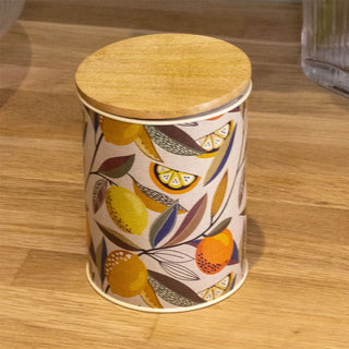 Citrus Zest Canister Airtight Kitchen Caddy With Wooden Lid Storage Tin - Cream