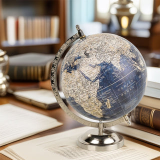 Decorative Blue & Silver Desk Globe | Vintage Style World Globe Ornament