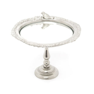Decorative Silver Mirrored Stand With Bird | Pedestal Mirror Display Stand Plate Dish | Ornate Silver Metal Candle Tray