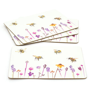 Set Of 4 Busy Bees Floral Table Placemats | Floral Bee Dining Table Mats | Bumble Bee Plate Mat Settings
