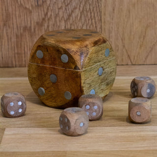 Set Of 5 Wooden Die In Dice Shaped Case | Five Piece Dice Game Set Storage Case