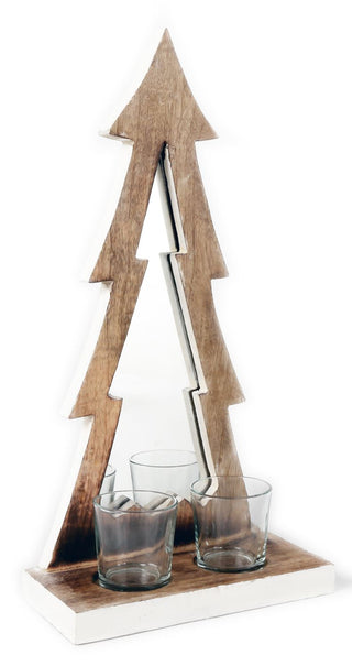 Rustic Wooden Tree Shaped Mirrored Tealight Candle Holder With Glass