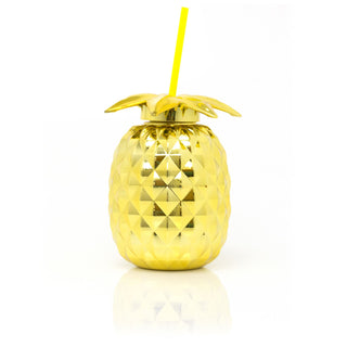 Metallic Gold Pineapple Drinks Cup With Straw | Tropical Party Pineapple Shaped Tumbler | Novelty Drinking Jar 750ml