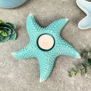 Embossed Starfish Tealight Holder | Ceramic Blue Coastal Candle Holder - 18cm