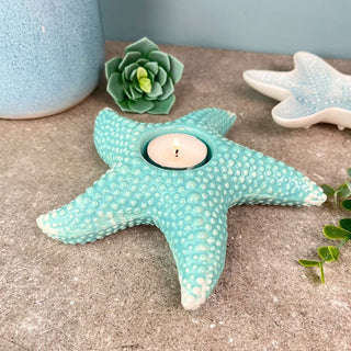 Embossed Starfish Tealight Holder | Ceramic Blue Coastal Candle Holder - 18cm