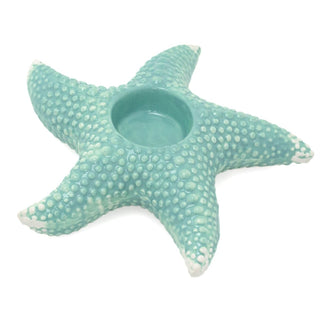 Embossed Starfish Tealight Holder | Ceramic Blue Coastal Candle Holder - 18cm