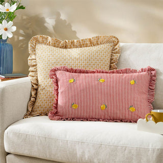 Embroidered Lemon Ruffle Cushion | Red Pinstripe Accent Cushion – 30x50cm