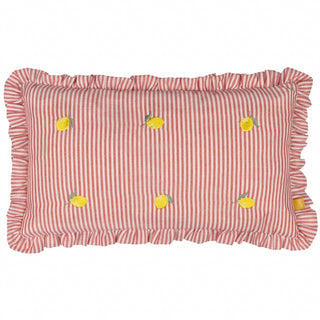 Embroidered Lemon Ruffle Cushion | Red Pinstripe Accent Cushion – 30x50cm
