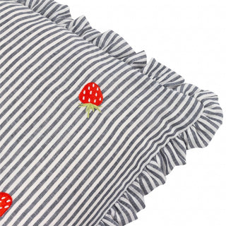 Embroidered Strawberry Ruffle Cushion | Blue Pinstripe Accent Cushion - 30x50cm