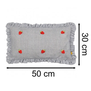 Embroidered Strawberry Ruffle Cushion | Blue Pinstripe Accent Cushion - 30x50cm