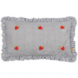 Embroidered Strawberry Ruffle Cushion | Blue Pinstripe Accent Cushion - 30x50cm