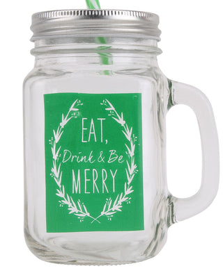 Retro Mason Style Tennessee Glass Handled Christmas Drinking Jar With Lid And Straw ~ Green