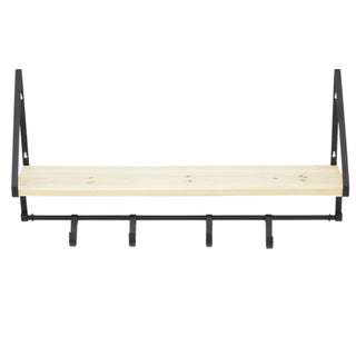 75cm Wall Mounted Wooden Display Shelf With Hooks | Industrial Black Metal Storage Shelves | Kitchen Spice Rack