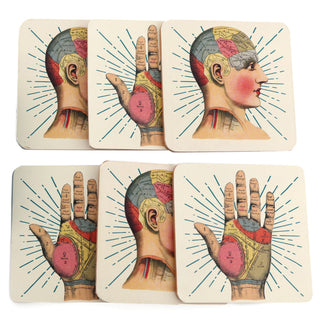 Set Of 6 Phrenology Palmistry Coasters | Novelty Drinks Coasters Set | Mugs Glasses Cups Table Mats