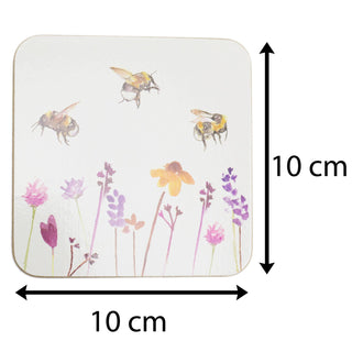 Set Of 4 Busy Bees Floral Coasters | Honey Bee Square Coaster Set | Bumble Bee Cup Mug Table Mats