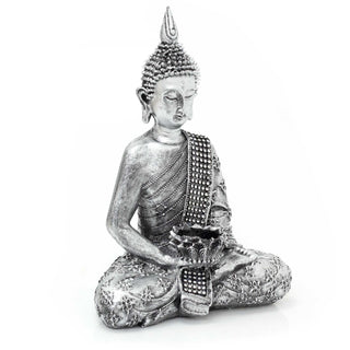 Silver Sitting Jewel Buddha Statue Tealight Holder | Polyresin Buddha Ornament