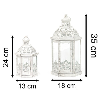 Set Of 2 Moroccan Style White Metal Candle Lanterns For Home & Garden
