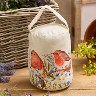 Floral Robin Velour Doorstop with Handle | Country Style Robin Door Stop - 21cm