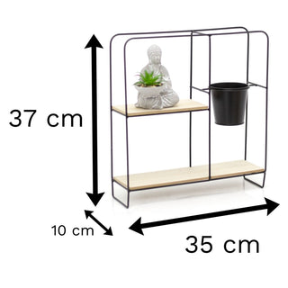 Freestanding Black Metal Shelf Unit With Pot and Buddha Statue | Storage Organiser Table Display Shelves | Standing Desktop Shelves - Square