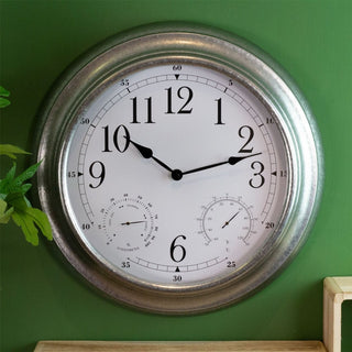 Galvanized Metal Weather Station Wall Clock Hygrometer Thermometer Clock - 46cm