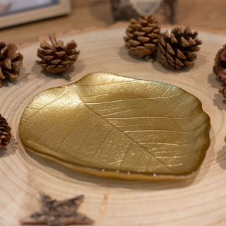 Gold Glass Leaf Trinket Dish | Botanical Vanity Plate Trinket Tray - 18x16cm