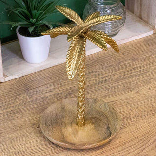 Gold Palm Tree Trinket Dish | Gold Metal & Wood Trinket Tray Vanity Tray Dish