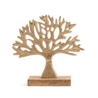Gold Tree of Life Ornament on Mango Wood Base | Elegant Metal Sculpture - 16cm