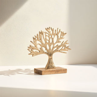 Gold Tree of Life Ornament on Mango Wood Base | Elegant Metal Sculpture - 16cm