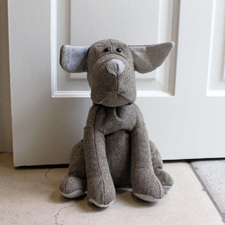 Hugo Mocha Herringbone Dog Doorstop | Novelty Fabric Dog Shaped Door Stop - 27cm