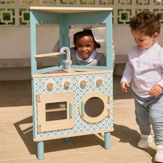 Janod Trio Kitchen | 3 - Sided Wooden Pretend Play Kids Oven & Cooking Utensils