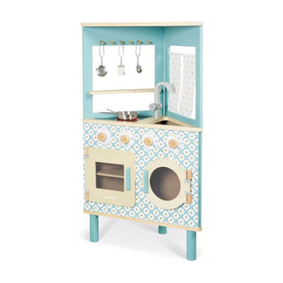 Janod Trio Kitchen | 3 - Sided Wooden Pretend Play Kids Oven & Cooking Utensils