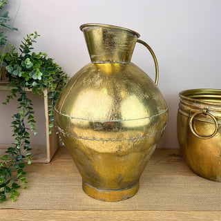 Large Antique - Style Gold Metal Jug | Rustic Dried Flower Vase with Handle 42cm