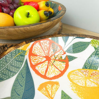 Large Citrus Zest Mango Wood Fruit Bowl | Enamel Salad & Serving Dish - 30cm
