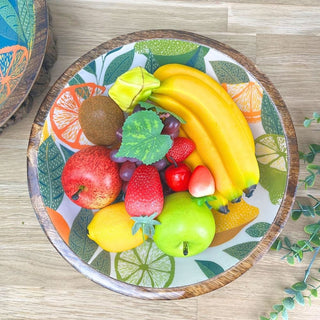 Large Citrus Zest Mango Wood Fruit Bowl | Enamel Salad & Serving Dish - 30cm