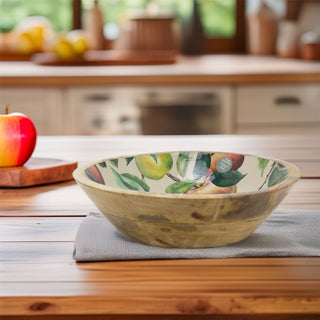 Large Mango Wood Bowl with Enamel Apples & Pears Design | Wooden Fruit Bowl 24cm
