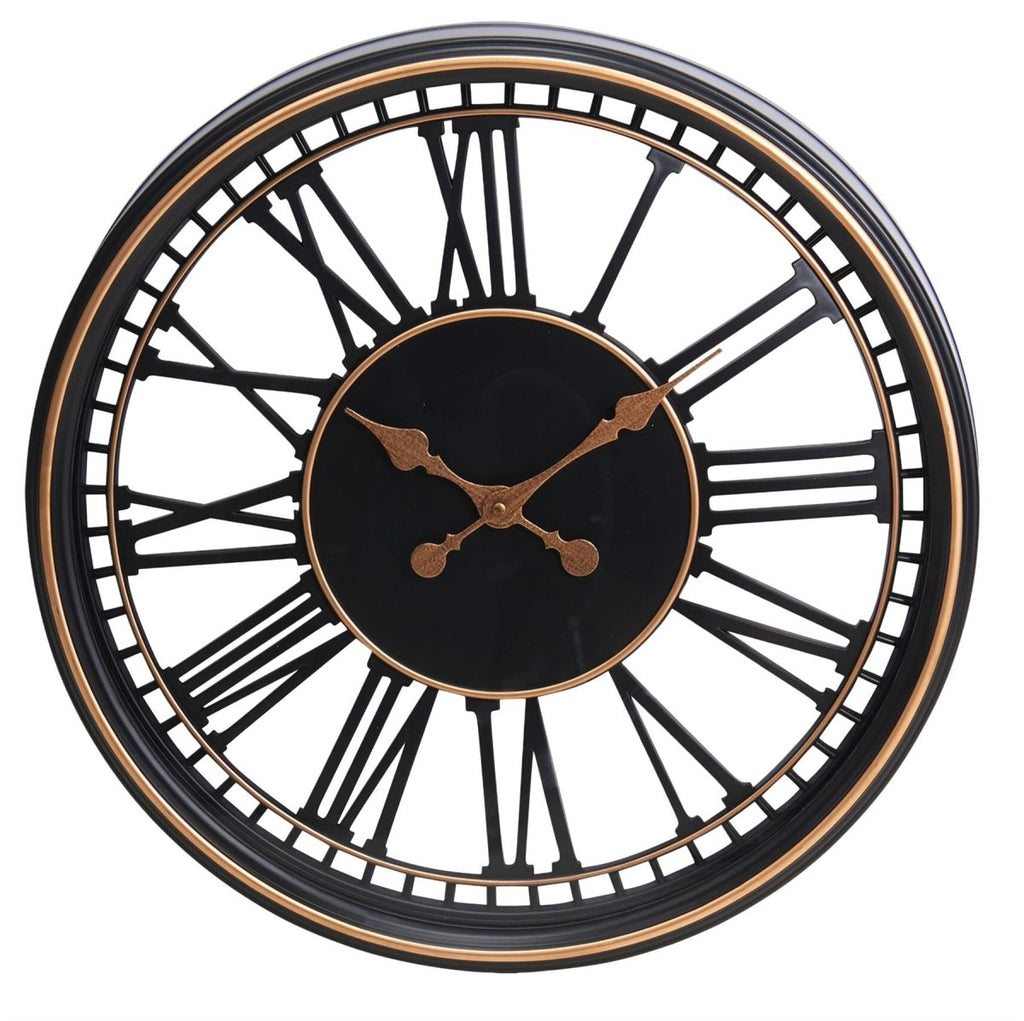 Large Roman Numeral Wall Clock 48cm Black & Gold Industrial Skeleton W ...