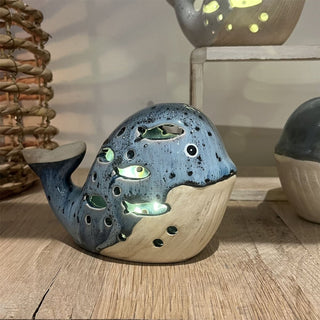 LED Ceramic Whale Ornament | Nautical Light - Up Statue - Coastal Bathroom Decor