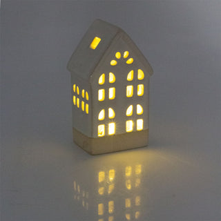 LED Sandy House Ornament | Ceramic Light-Up Miniature Village House - 14cm