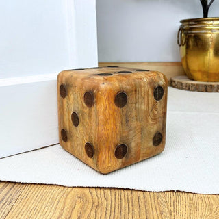 Mango Wood Dice Shaped Doorstop | Novelty Chunky Cube Wooden Door Stopper - 15cm