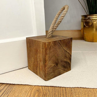 Mango Wood Doorstop | Chunky Cube Wooden Door Stop With Jute Handle - 1.4kg