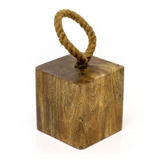 Mango Wood Doorstop | Chunky Cube Wooden Door Stop With Jute Handle - 1.4kg