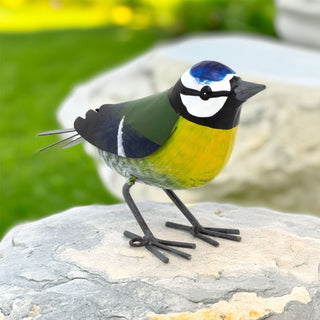 Metal Blue Tit Garden Ornament | Fence Topper Bird Statue for Outdoors - 11cm