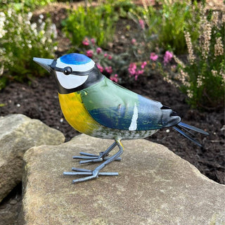 Metal Blue Tit Garden Ornament | Fence Topper Bird Statue for Outdoors - 11cm
