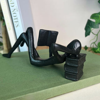 Metal Reading Statue | Reader Figurine Sculpture Lying Down with Books - 16cm