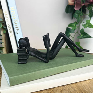Metal Reading Statue | Reader Figurine Sculpture Lying Down with Books - 16cm