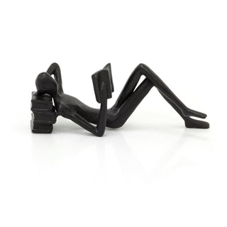 Metal Reading Statue | Reader Figurine Sculpture Lying Down with Books - 16cm